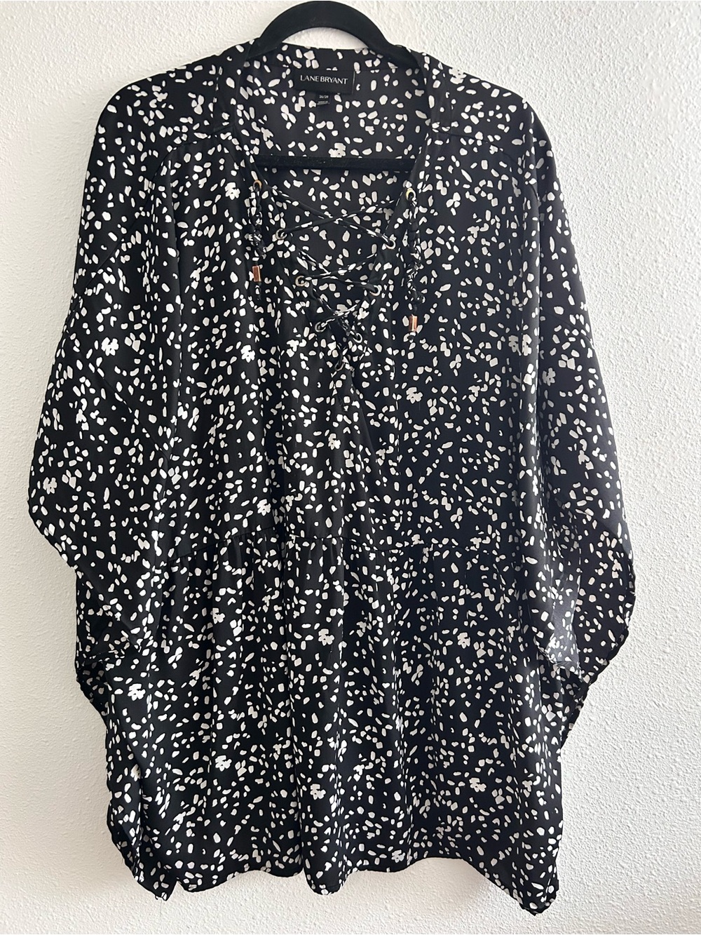 Lane Bryant Black Lace-Up Peasant Tunic with White Dot Print